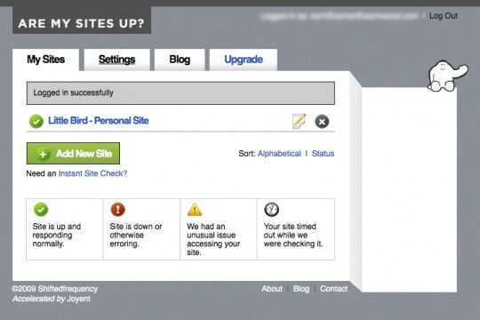 Screen capture of Are My Sites Up? status page